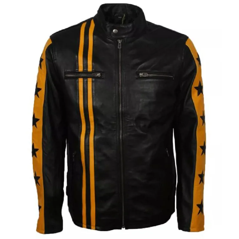 Yellow Stripe Black Star Leather Jacket Snapped Jacket Toggled Jacket Drawstring Jacket Yellow Stripe Black Star Leather Jacket Snapped Jacket Toggled Jacket Drawstring Jacket