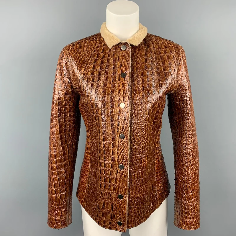 ARMANI COLLEZIONI Size 6 Brown Embossed Leather Jacket Fitted Jacket Loose Jacket Oversized Jacket