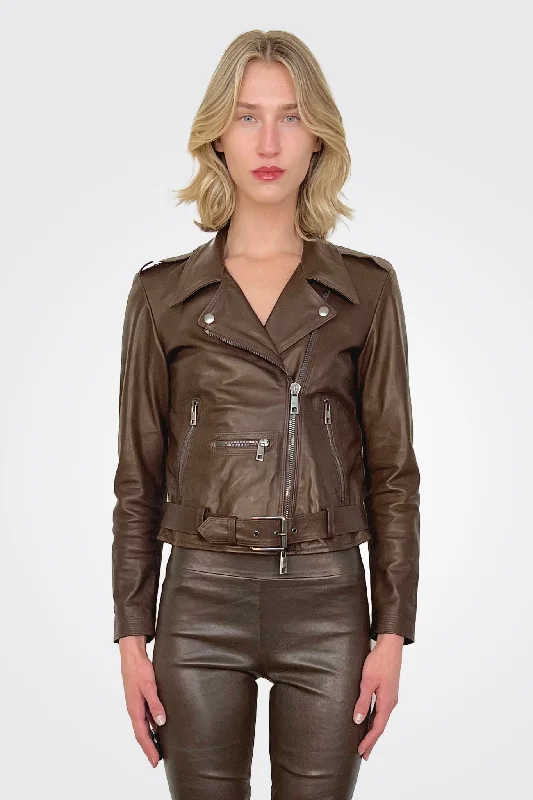 Asym Moto Leather Jacket - Mud Brown Satin Jacket Silk Jacket Chiffon Jacket