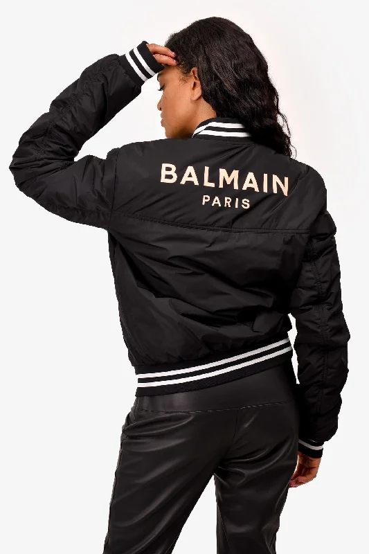 Balmain Black Nylon Pink Logo Bomber Jacket Size 46 Mens Tiered Jacket Buttoned Jacket Zippered Jacket