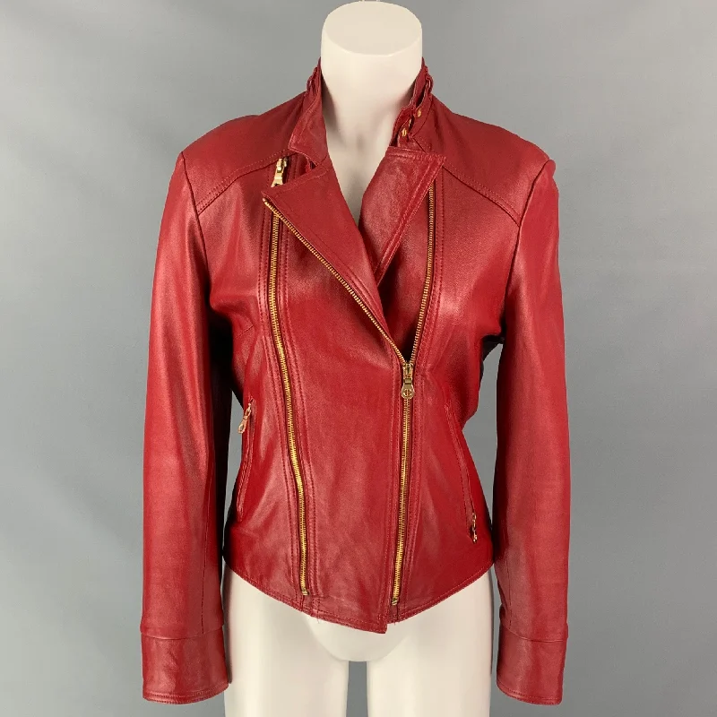 BASIC IDEA Size M Red Leather Zip Up Jacket Insulated Jacket Fitted Jacket Loose Jacket