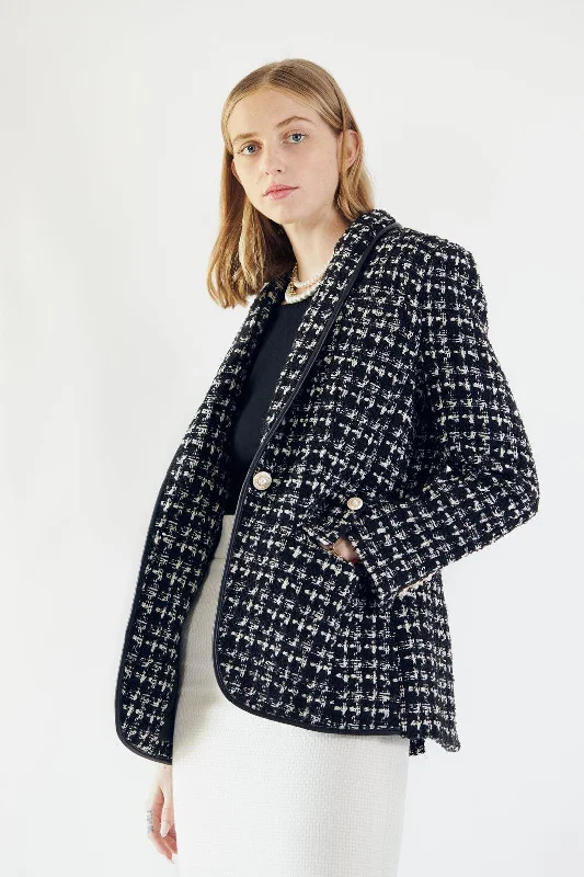 Black & White Tweed Checkers Jacket Zippered Jacket Buttoned Jacket Snapped Jacket