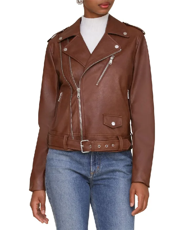 Avec Les Filles Belted Moto Jacket Zippered Front Buttoned Front Snap Front