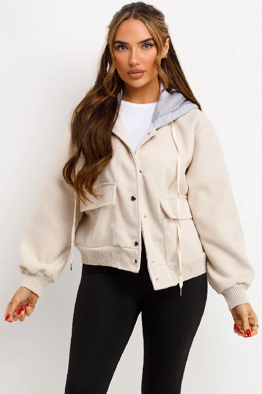 Bomber Baseball Jacket With Hood Beige Elasticated Jacket Padded Jacket Insulated Jacket