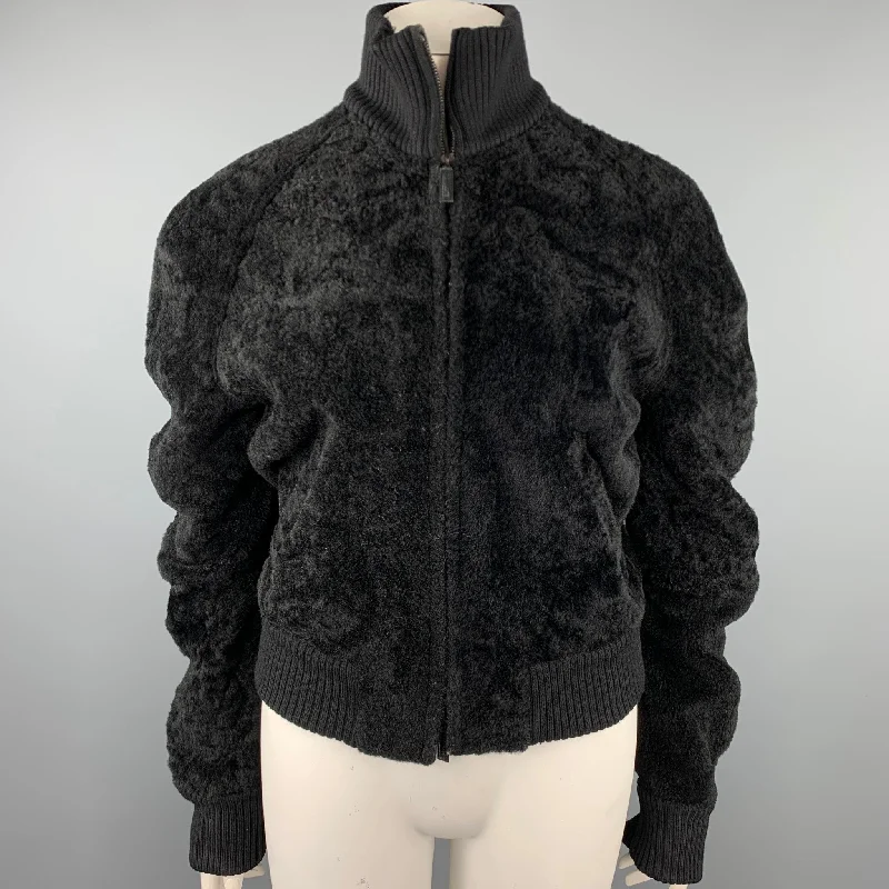 CALVIN KLEIN Size 8 Black Textured Shearling Zip Up Jacket Stand-Up Collar Roll-Neck Collar Turtle Neck