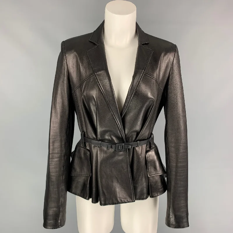 CHRISTIAN DIOR Size 6 Black Leather Belted Flare Jacket Mesh Jacket Canvas Jacket Denim Jacket