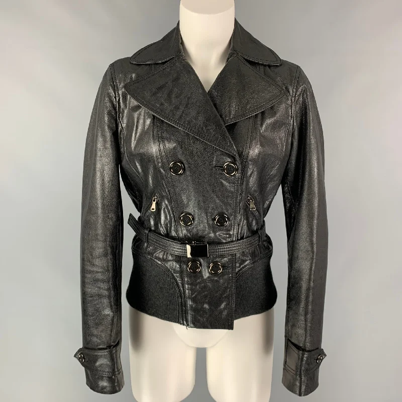 D&G by DOLCE & GABBANA Size 6 Black Leather Double Breasted Belted Jacket Herringbone Jacket Houndstooth Jacket Plaid Jacket