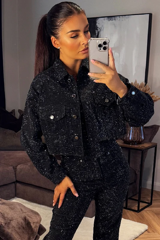 Diamante Rhinestone Denim Jacket Black Satin Jacket Silk Jacket Chiffon Jacket