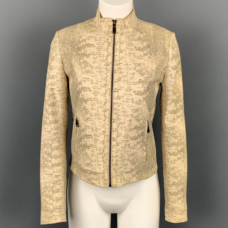 ELIE TAHARI Clearly Size XS Beige Embossed Leather Jacket Knit Fabric Woven Fabric Fleece Fabric