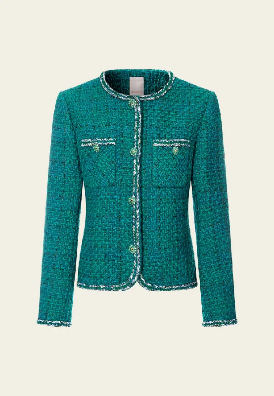 Emerald Contrasting-trim Tweed Jacket Hooded Jacket Caped Jacket Shawl Collar Jacket