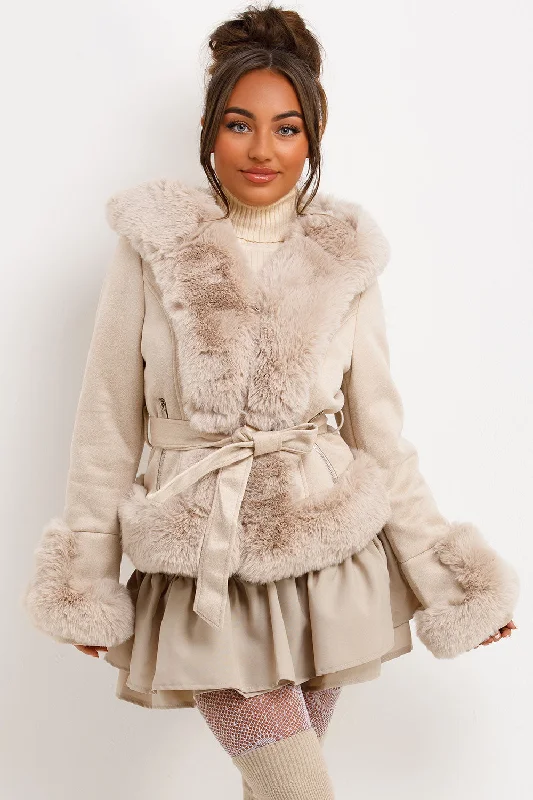 Faux Fur Faux Suede Jacket With Belt Beige Rayon Fabric Velvet Fabric Corduroy Fabric