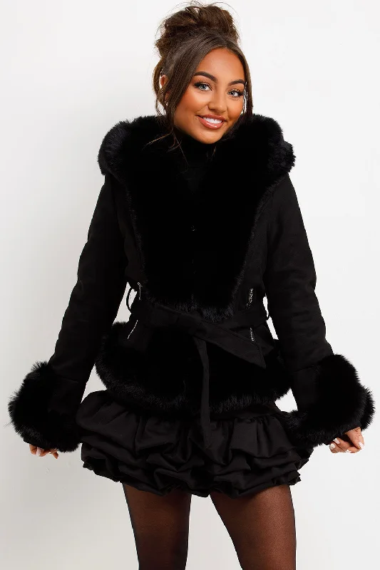 Faux Fur Faux Suede Jacket With Belt Black Toggled Jacket Drawstring Jacket Belted Jacket