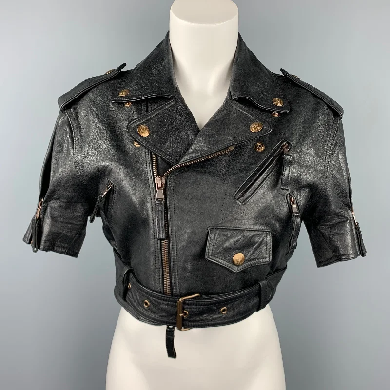 GAULTIER2 by JEAN PAUL GAULTIER Size 8 Black Leather Cropped Motorcycle Jacket Faux Fur Fabric Real Fur Fabric Shearling Fabric