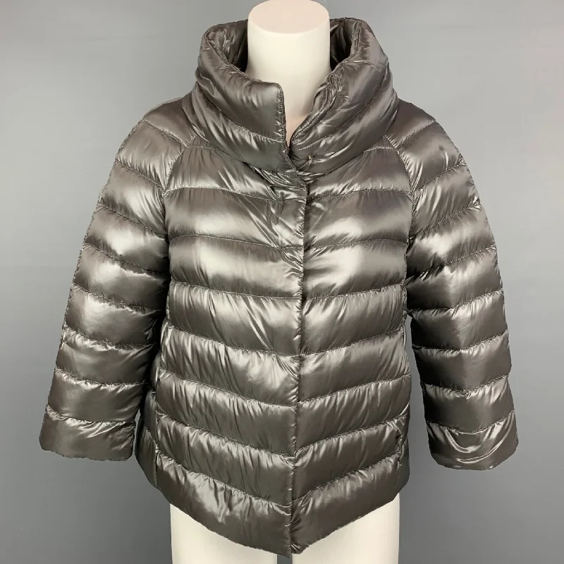 HERNO Size 4 Grey Quilted Nylon Goose Down Jacket Hoodie Zip-Up Jacket Button-Up Jacket