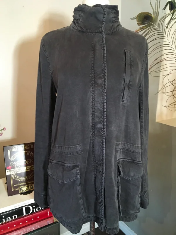 James Perse Size 2 Off Black Distressed Cotton Jacket Ribbed Jacket Pleated Jacket Ruffled Jacket