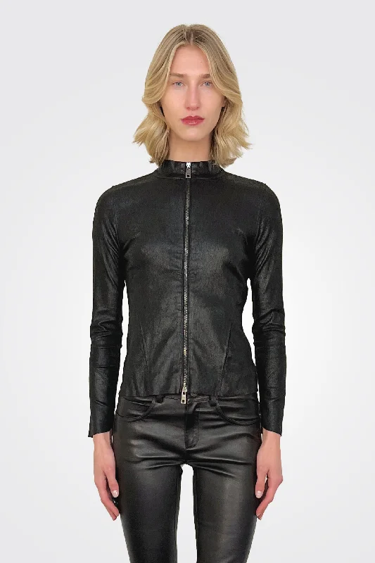 Leather Zip Jacket - Nero One-Shoulder Jacket Off-the-Shoulder Jacket Asymmetrical Jacket