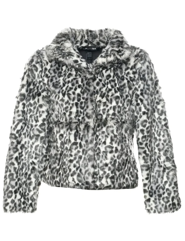 Leopard Print Faux Fur Jacket - M Boat Neck Shawl Collar Notched Collar