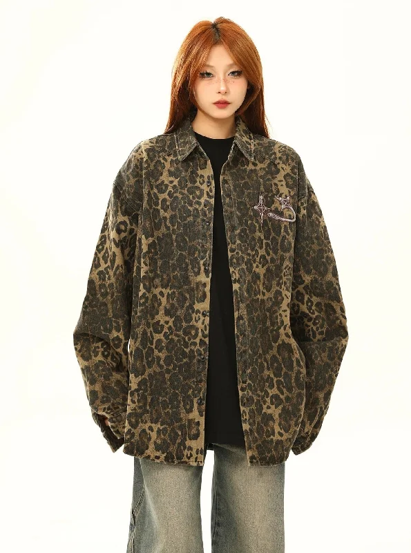 Leopard Print Oversized Denim Jacket Fleece Jacket Down Jacket Feather Jacket