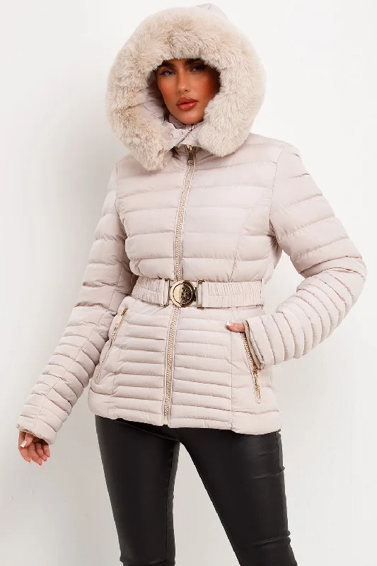 Puffer Jacket With Faux Fur Hood And Gold Belt Beige Fleece Fabric Down Fabric Feather Fabric