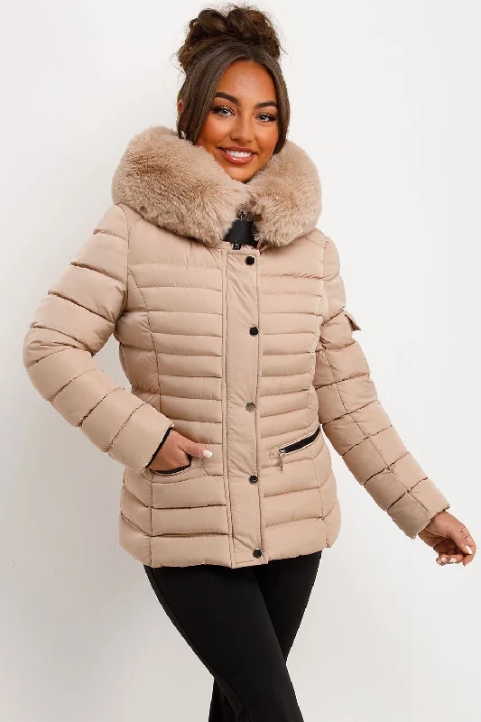 Puffer Jacket With Faux Fur Hood Side Buckle Detail Beige Knit Fabric Woven Fabric Fleece Fabric