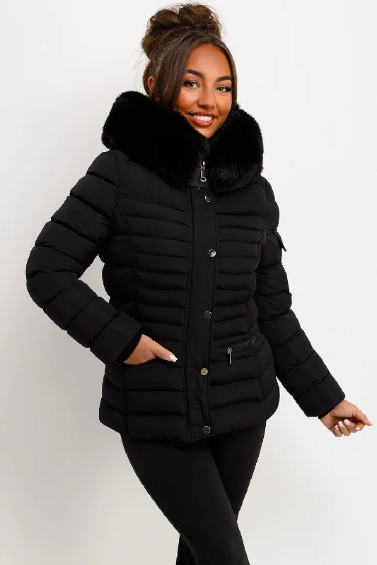 Puffer Jacket With Faux Fur Hood Side Buckle Detail Black Fitted Jacket Loose Jacket Oversized Jacket