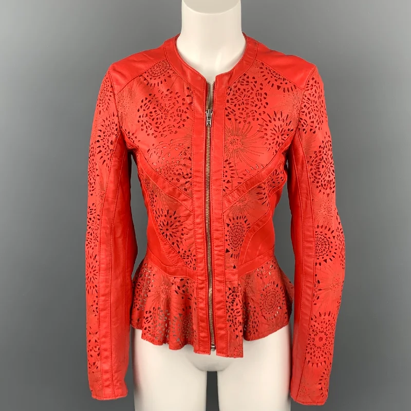 Q 40 Size 10 Coral Perforated Leather Mesh Lined Jacket Front Pockets Side Pockets Patch Pockets