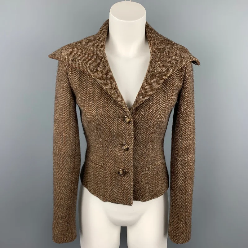 RALPH LAUREN Black Label Size 2 Brown Tweed Lambswool High Collar Jacket Wool Fabric Cashmere Fabric Tweed Fabric