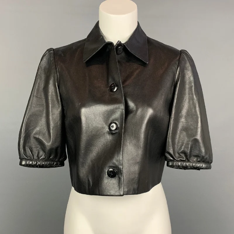 RALPH LAUREN Black Label Size 6 Black Leather Short Sleeve Buttoned Jacket Appliqued Jacket Beaded Jacket Sequined Jacket