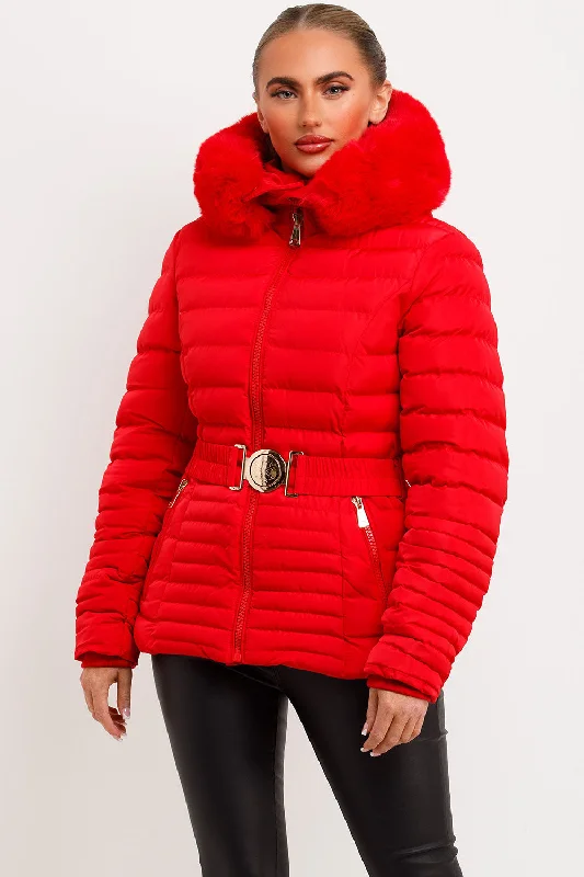 Red Puffer Jacket With Faux Fur Hood And Gold Belt Wool Jacket Cashmere Jacket Tweed Jacket