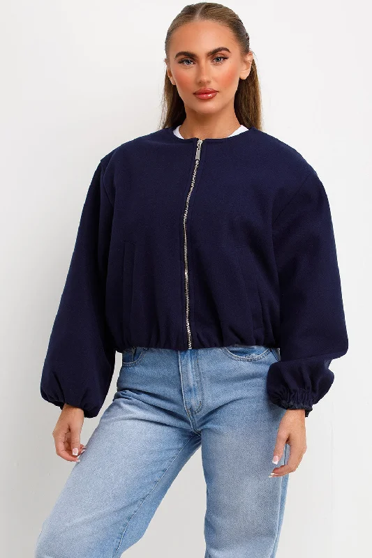 Soft Bomber Jacket Navy Notch Collar Jacket Peter Pan Collar Jacket Cowl Neck Jacket