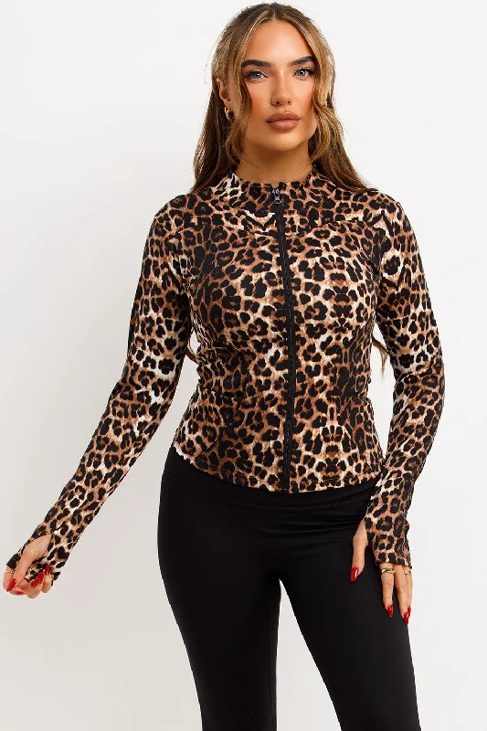 Sports Zip Up Jacket Leopard Print Tailored Jacket Straight Jacket A-Line Jacket