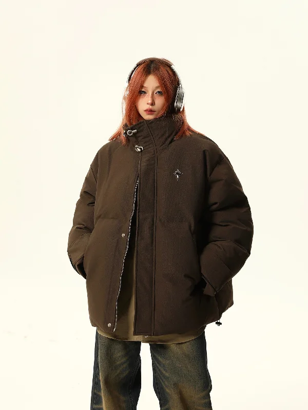 Stand-Up Collar Oversized Puffer Jacket Plaid Jacket Tartan Jacket Houndstooth Jacket