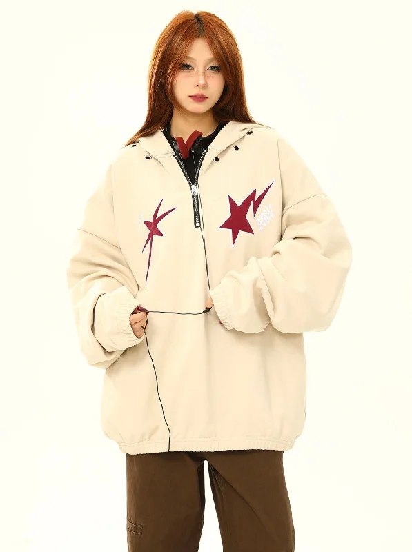 Star Print Oversized Anorak Jacket Snapped Jacket Toggled Jacket Drawstring Jacket