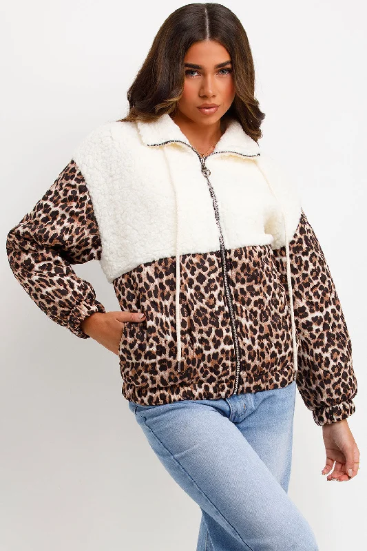 Teddybear Jacket With Quilted Leopard Print Detail Denim Fabric Leather Fabric Suede Fabric