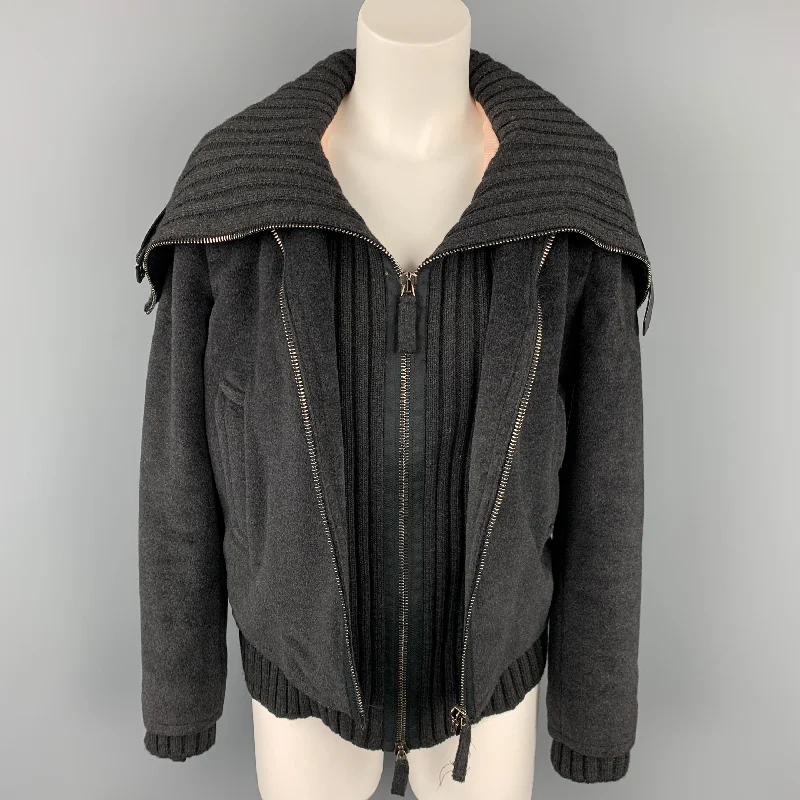 Vintage JEAN PAUL GAULTIER Size 6 Charcoal Angora Blend Leather Trim Jacket Snapped Jacket Toggled Jacket Drawstring Jacket