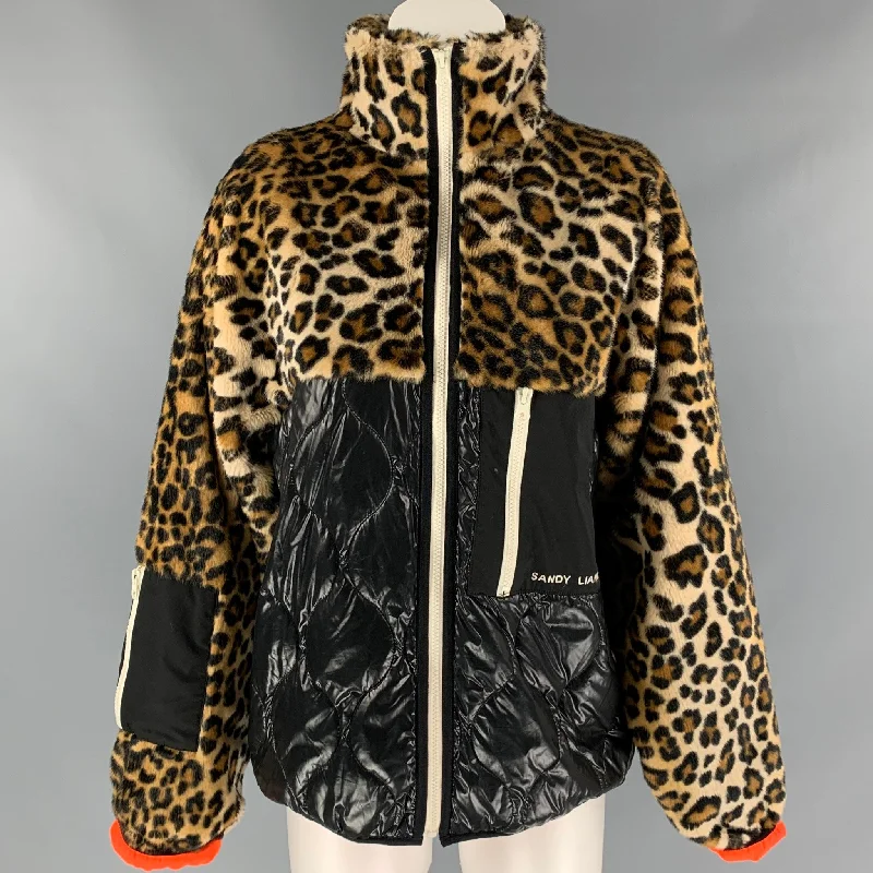 ZANDY LIANG Size XS Tan & Black Leoaprd Print Polyester Blend Dean Faux Fur Jacket Faux Fur Jacket Real Fur Jacket Shearling Jacket