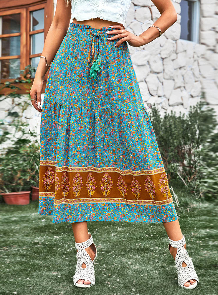 BOHEMIAN LEISURE HOLIDAY PRINT SKIRT belted skirt waist