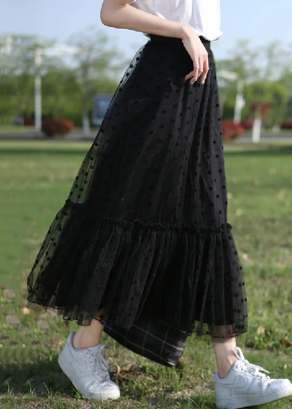 Black Dot Ruffled Tulle Skirt Elastic Waist Summer linen skirt light