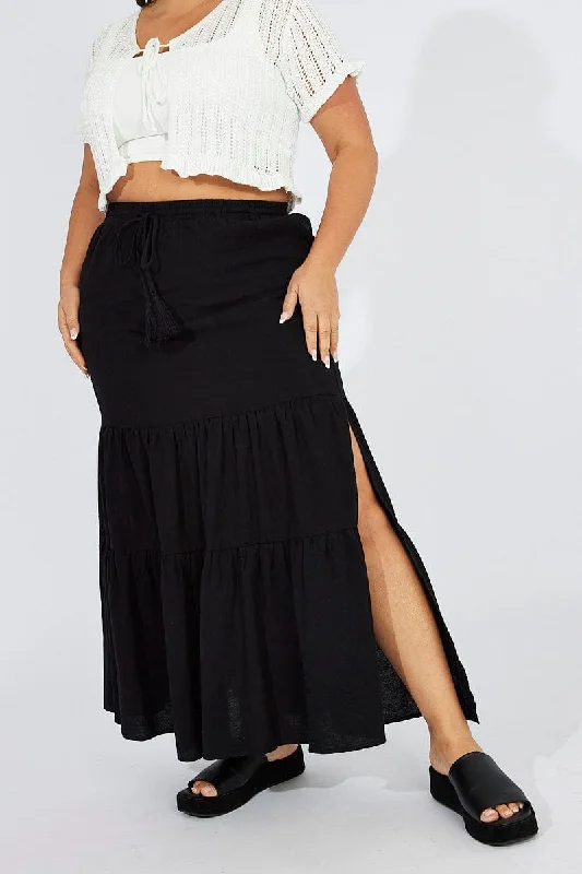 Black Maxiskirt Tassel Tie Side Splits linen skirt natural