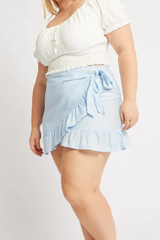 Blue Frill Hem Wrap Mini Skirt cashmere skirt soft