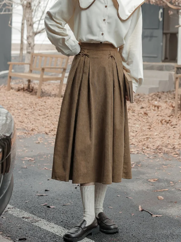 Corduroy Bow Midi Skirt (3 Colors) button skirt front