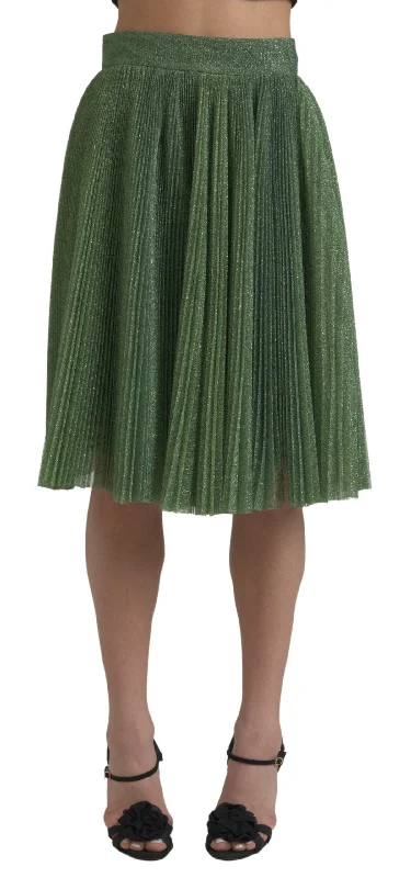 Dolce & Gabbana Enchanting Metallic Green Pleated A-Line Skirt leather skirt modern