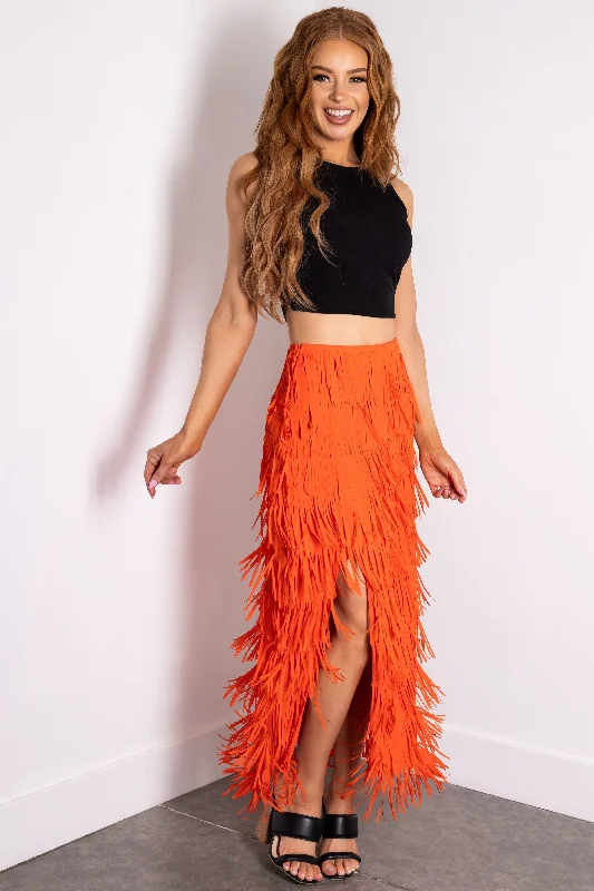 Fire Side Slit Fringe Midi Skirt silk skirt elegant