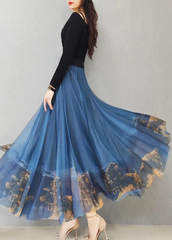 Italian Blue Print Exra Large Hem Loose Tulle Skirt Spring chiffon skirt floaty