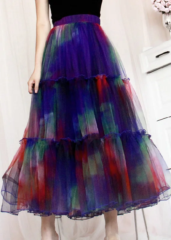 Italian Gradient Color Ruffled Patchwork Tulle Skirts Summer denim skirt durable