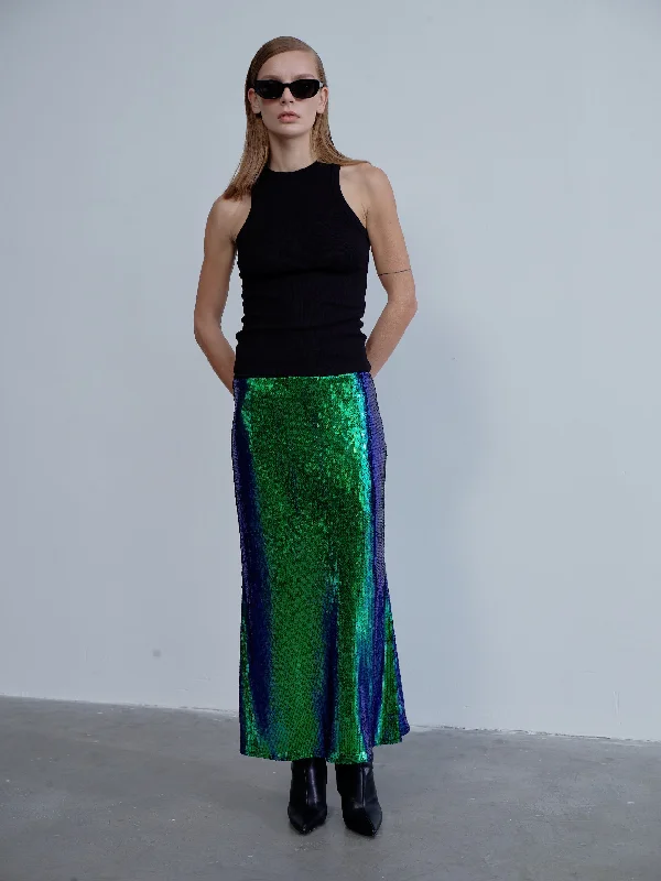 Joelle Sequin Maxi Skirt in Océan Bleu ribbed skirt waist