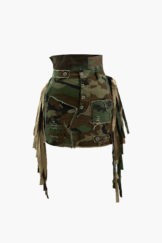 Camo Frayed Patchwork Fringe Mini Skirt vintage skirt charm