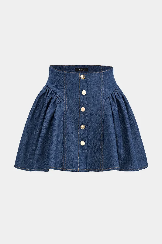 Denim Ruched Button High Waist Skirt chiffon skirt delicate