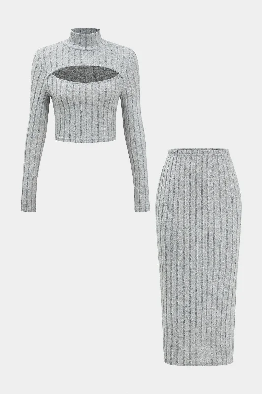 Solid Ribbed Long Sleeve Cut Out Top And Skirt Set wool skirt sturdy