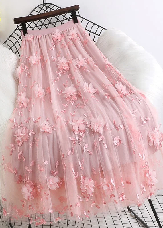 Natural Pink Embroidered Floral tulle Skirts Spring zip skirt side